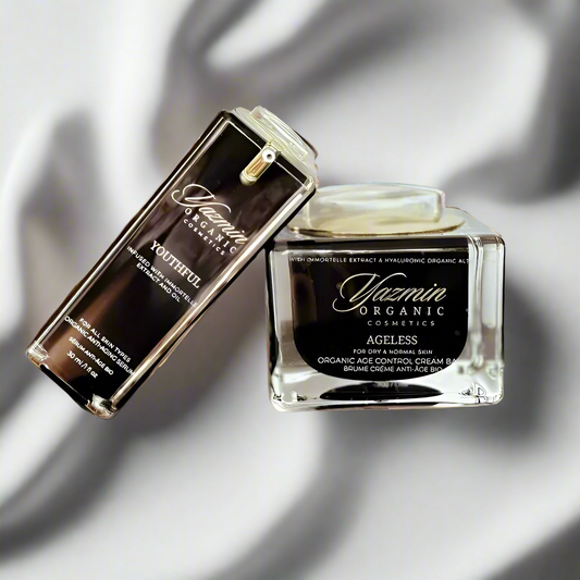 Yazmin Organic Youthful serum and Ageless cream on silver silk